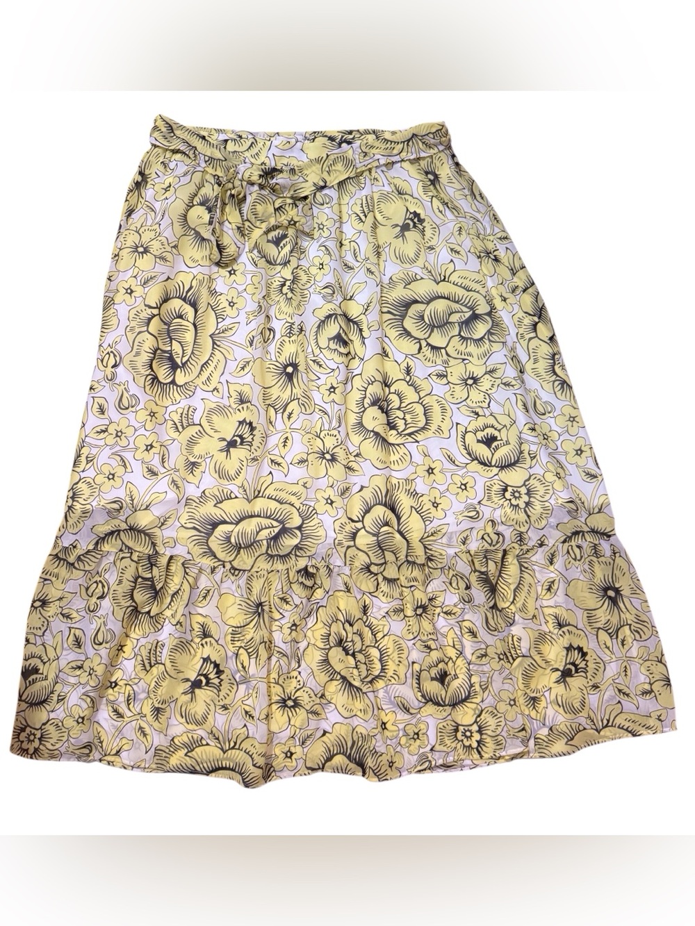 Ann Taylor Factory Size 14 Yellow Midi Skirt Vacation Floral Print Belted Tiered